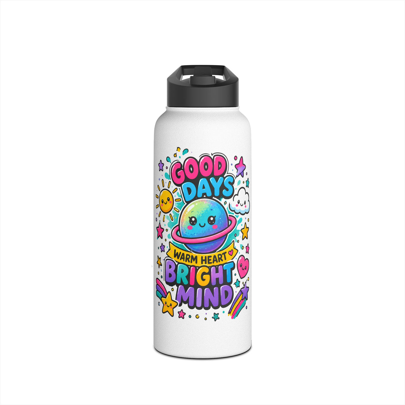 Cute Stainless Steel Water Bottle for Kids, Good Days Drink Bottle, Kawaii Space School Bottle, Positive Gift, Colorful Kids Drinkware