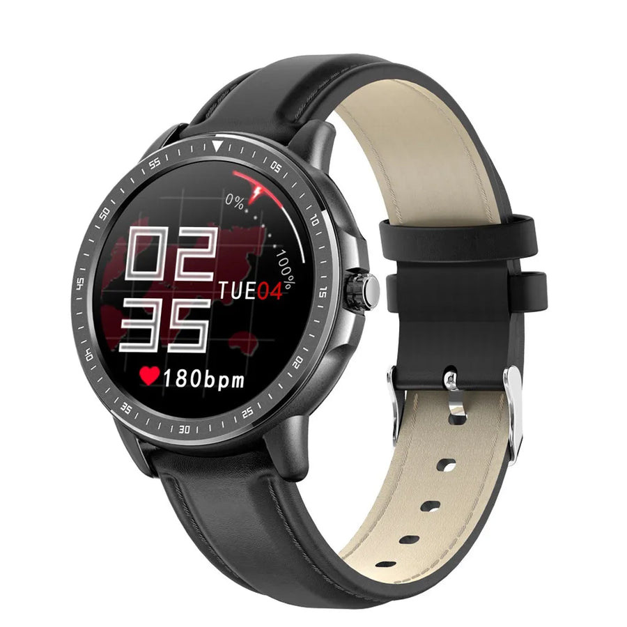 Black smart watch with leather-look band and full circle touchscreen face
