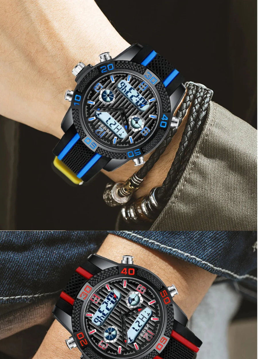 Black and blue analog-digital watch with LED display windows, worn on wrist with beaded bracelet