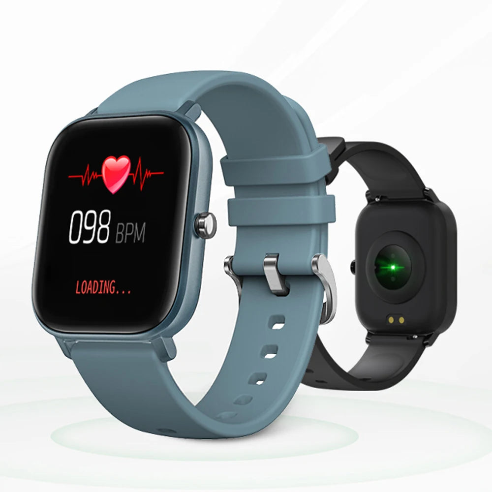 Black smart watch, angular case with touchscreen showing time, steps and weather