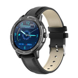 Black smart watch with leather-look band and full circle touchscreen face