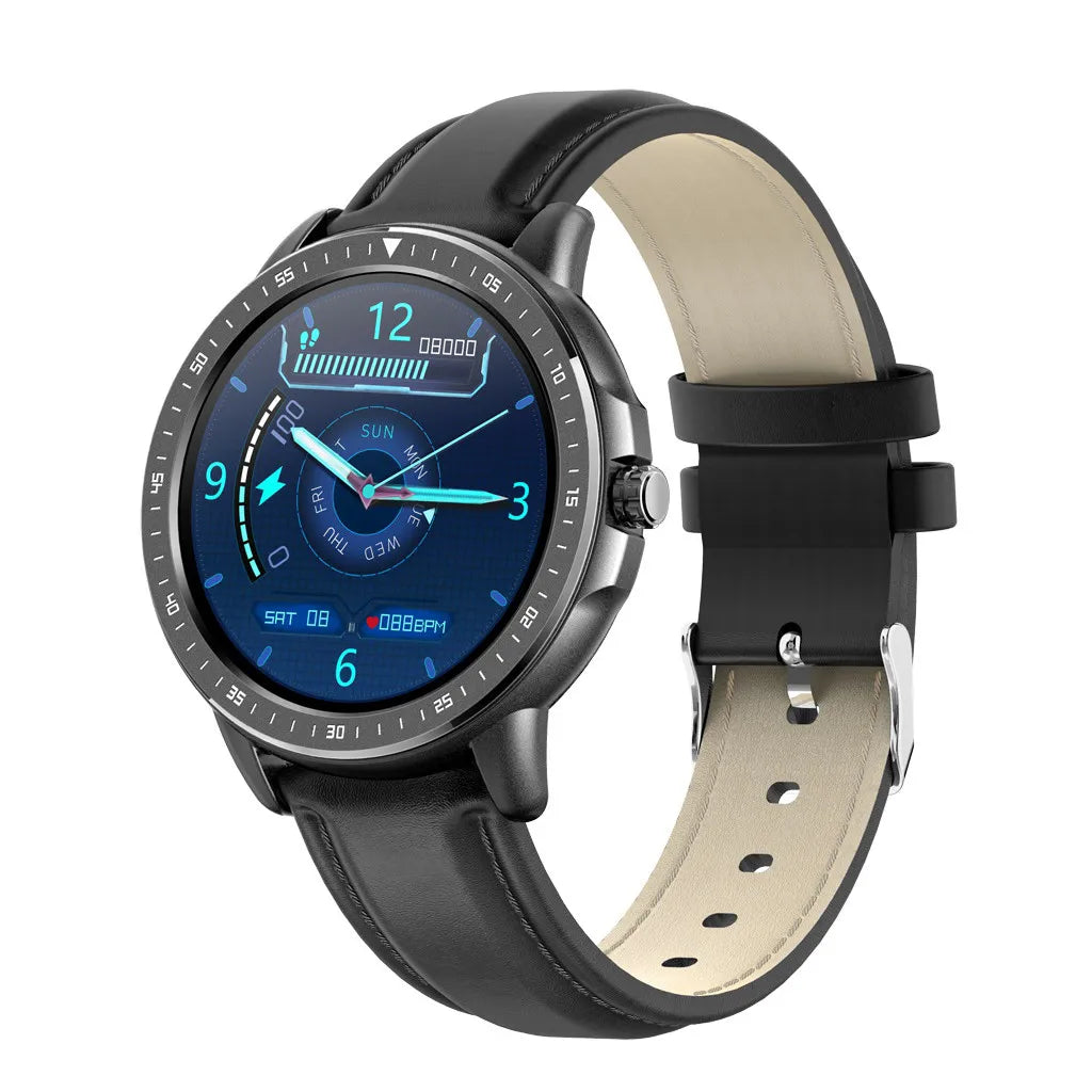 Black smart watch with leather-look band and full circle touchscreen face