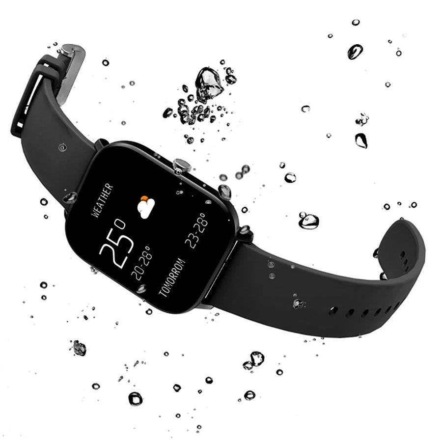 Black smart watch, angular case with touchscreen showing time, steps and weather
