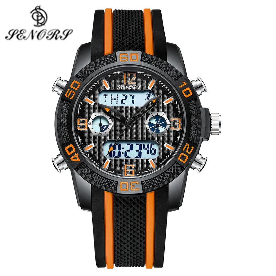 Black and blue analog-digital watch with LED display windows, worn on wrist with beaded bracelet
