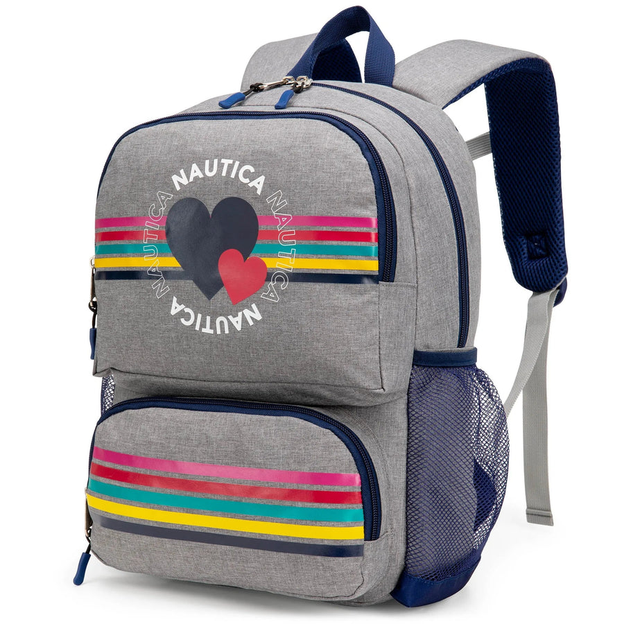 A heather gray Nautica kids backpack with navy trim, printed with a colorful striped double-heart design and repeating Nautica logo text, with a mesh side pocket and top handle.