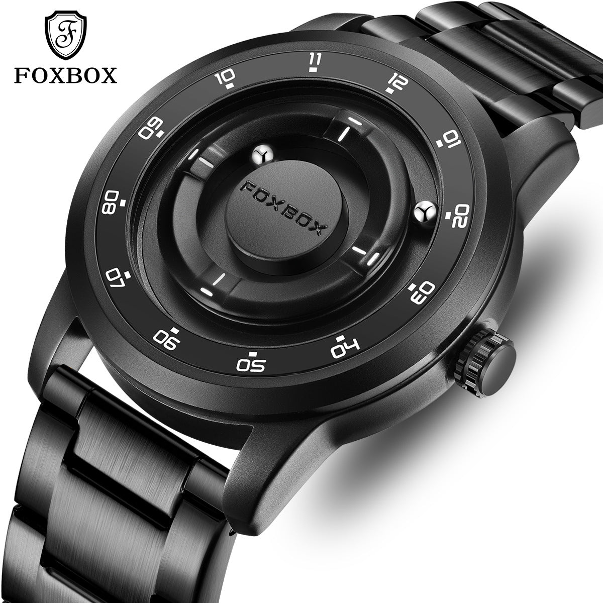 Black FOXBOX-branded watch with a numbered rotary bezel and stainless steel bracelet, close angled view