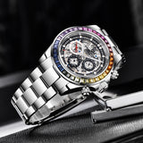 Skeleton dial automatic watch with a rainbow gemstone bezel and stainless steel bracelet, angled view