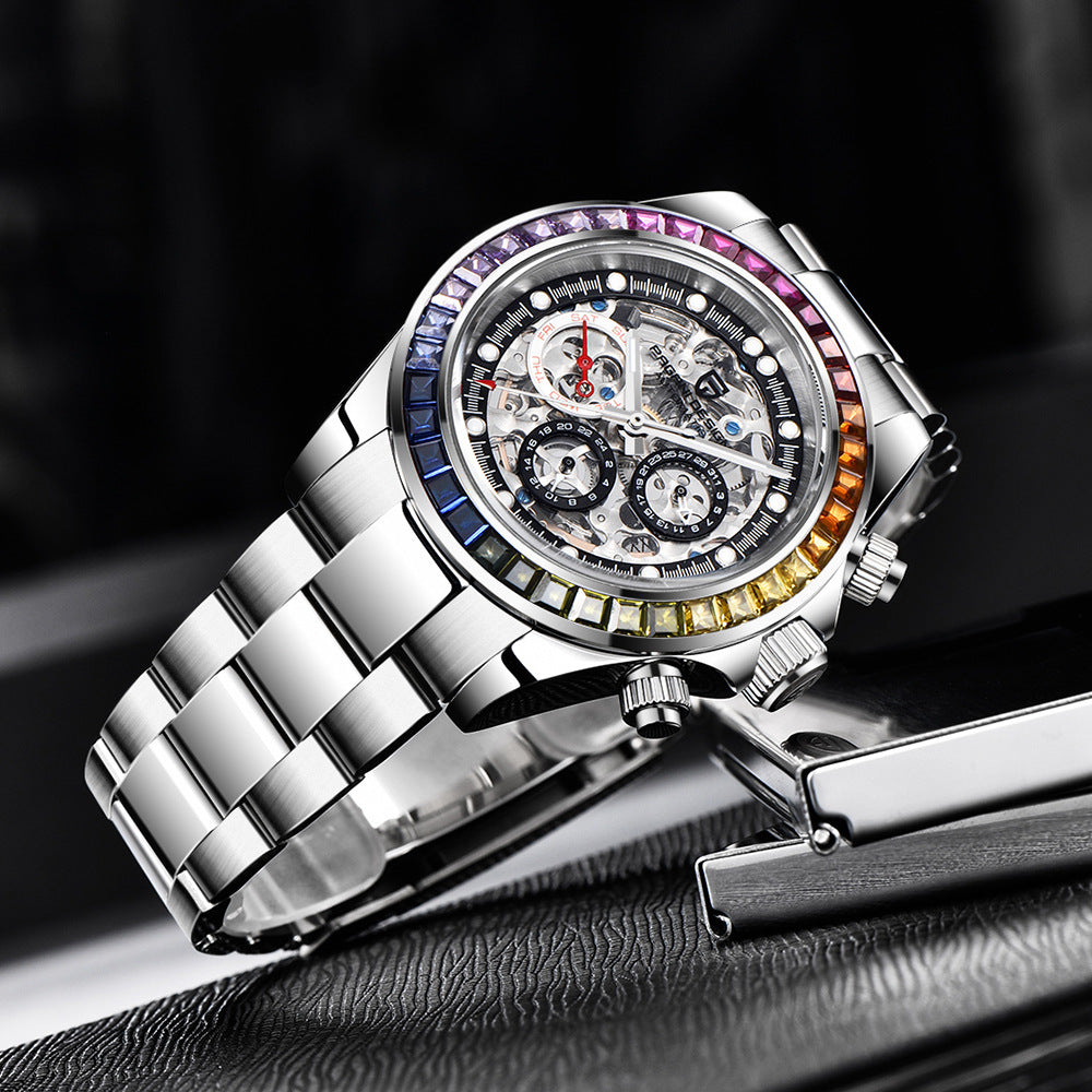 Skeleton dial automatic watch with a rainbow gemstone bezel and stainless steel bracelet, angled view