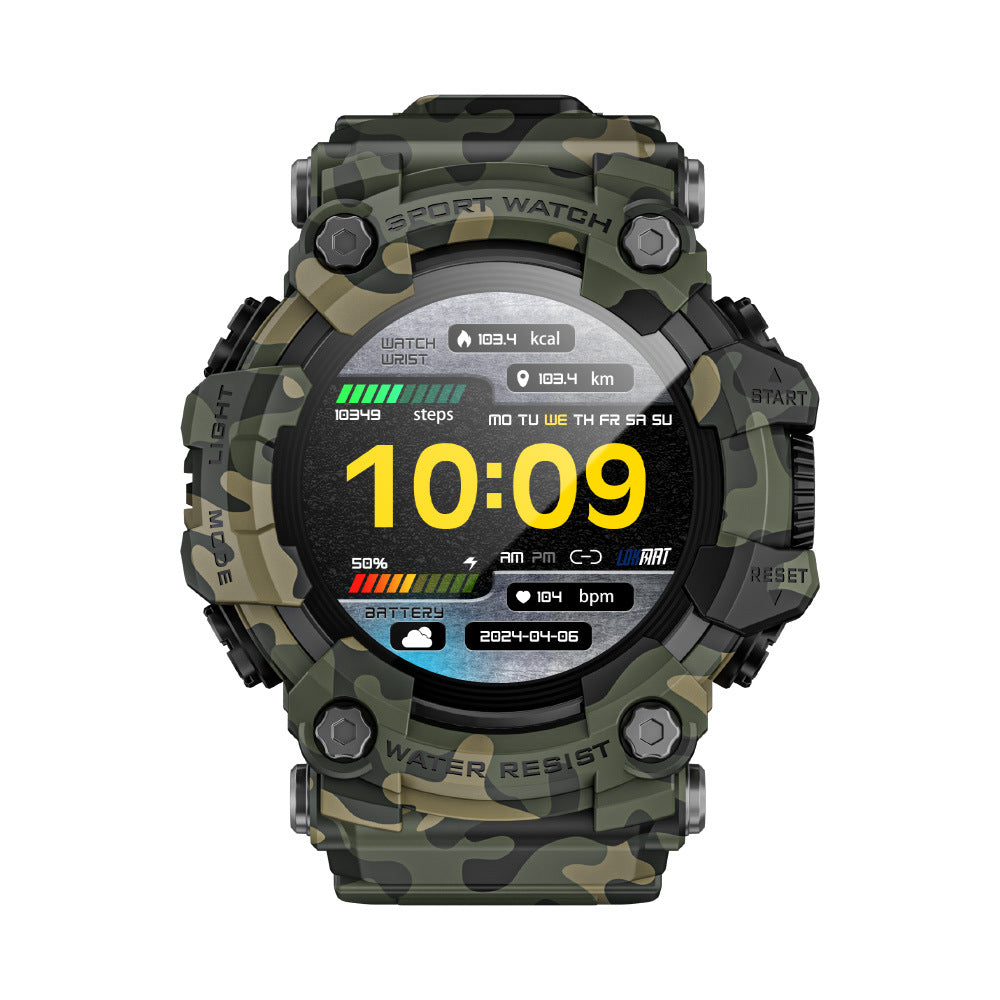ATTACK GT smartwatch in camouflage green, round face showing time, steps and heart rate, front view