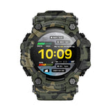ATTACK GT smartwatch in camouflage green, round face showing time, steps and heart rate, front view