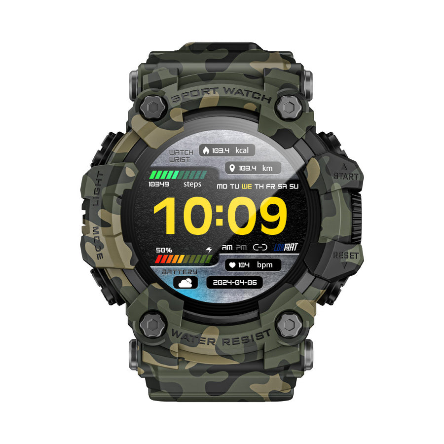 ATTACK GT smartwatch in camouflage green, round face showing time, steps and heart rate, front view