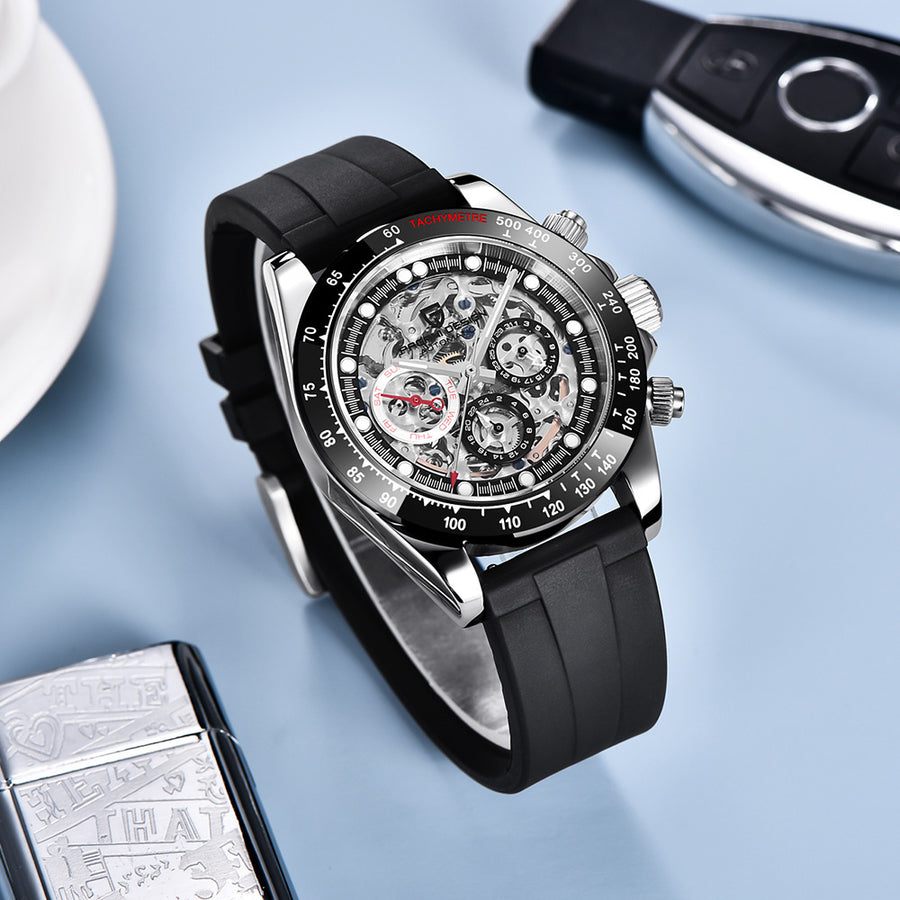 Skeleton dial automatic watch with a rainbow gemstone bezel and stainless steel bracelet, angled view