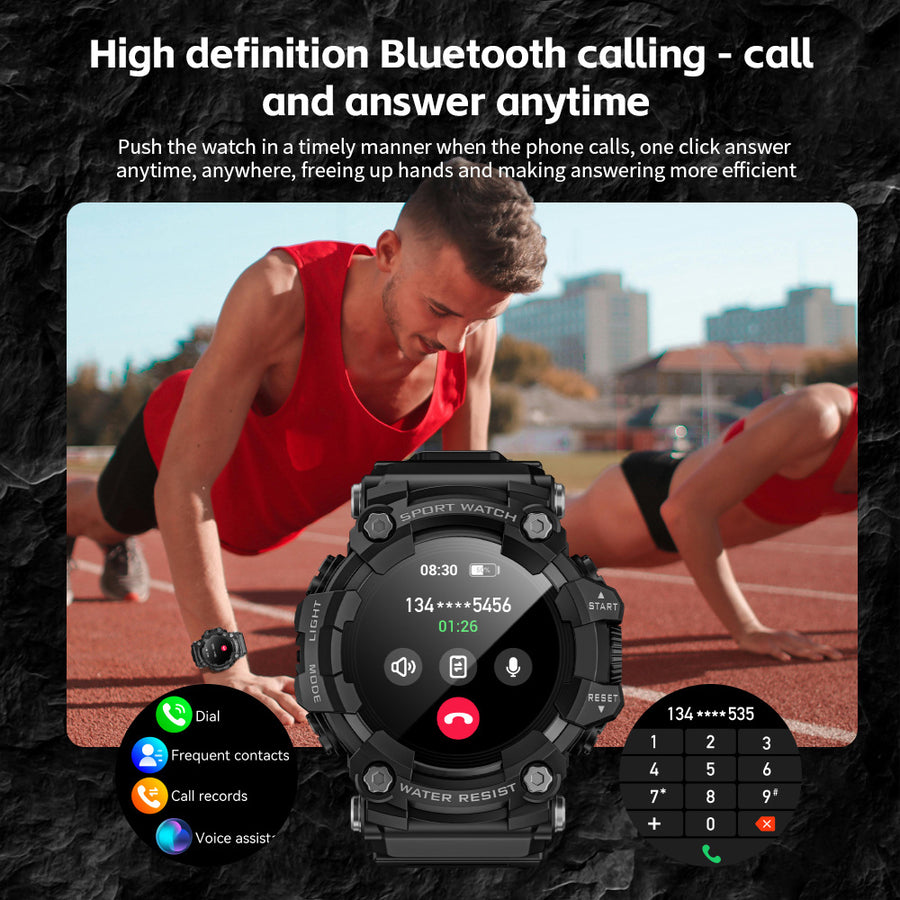 ATTACK GT smartwatch in camouflage green, round face showing time, steps and heart rate, front view