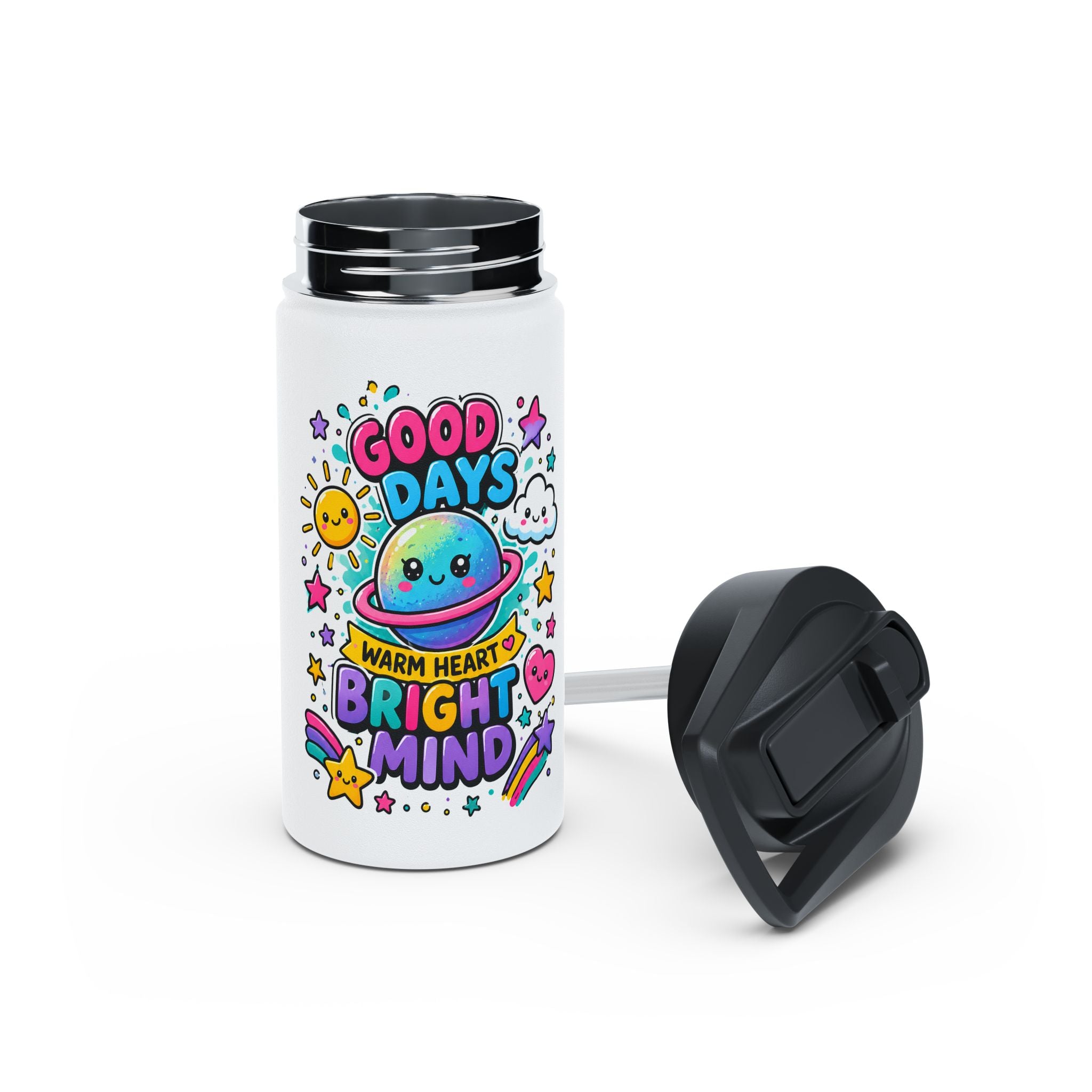Cute Stainless Steel Water Bottle for Kids, Good Days Drink Bottle, Kawaii Space School Bottle, Positive Gift, Colorful Kids Drinkware
