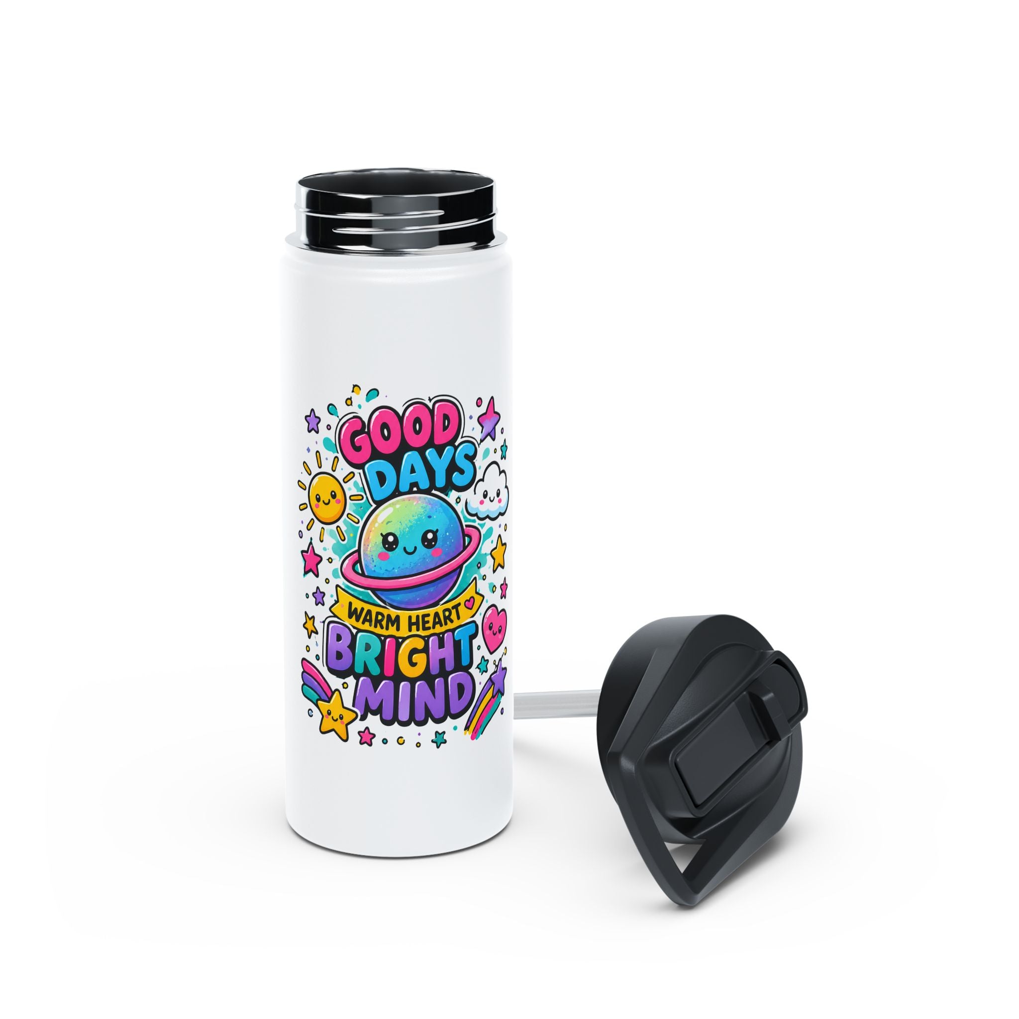 Cute Stainless Steel Water Bottle for Kids, Good Days Drink Bottle, Kawaii Space School Bottle, Positive Gift, Colorful Kids Drinkware