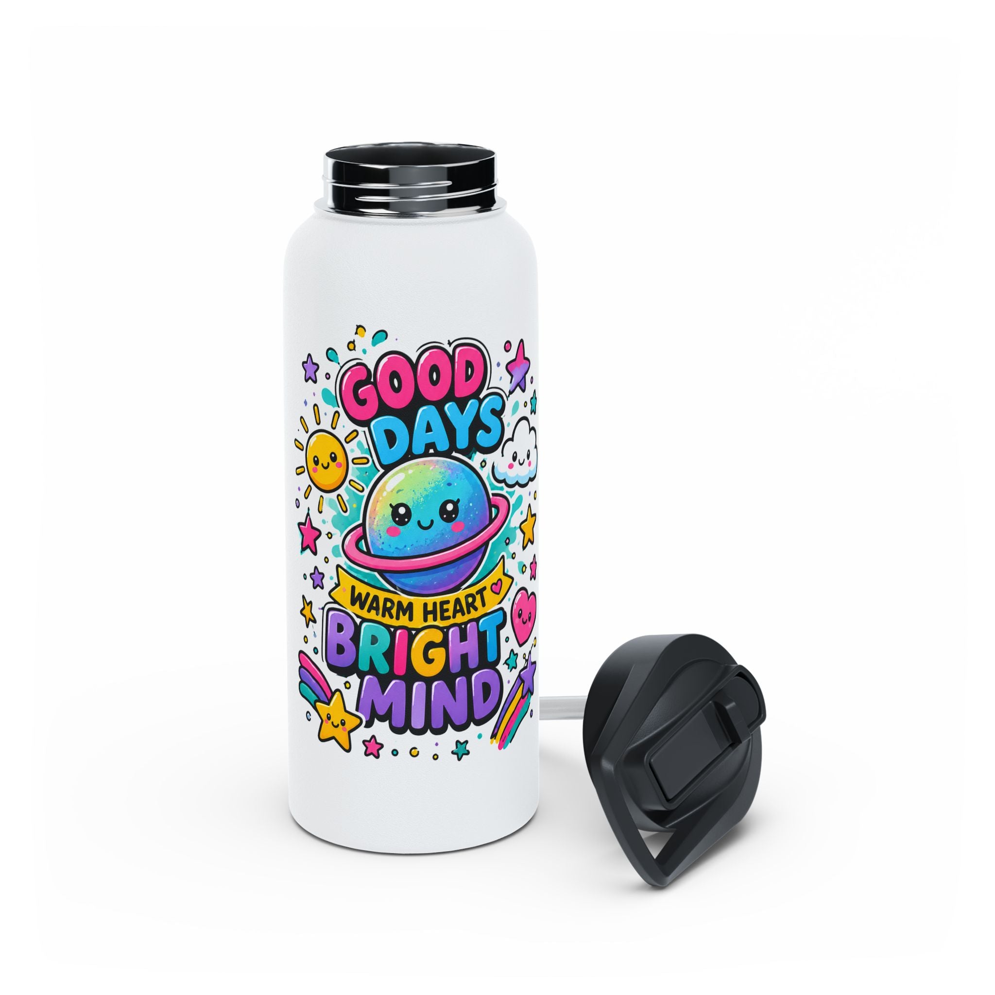 Cute Stainless Steel Water Bottle for Kids, Good Days Drink Bottle, Kawaii Space School Bottle, Positive Gift, Colorful Kids Drinkware