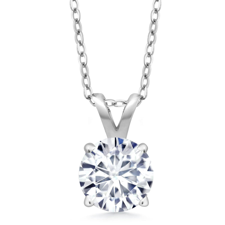 2.00 CTW Created Moissanite Solitaire Pendant Necklace with 18" Chain - Choice of 14k White or Yellow Gold