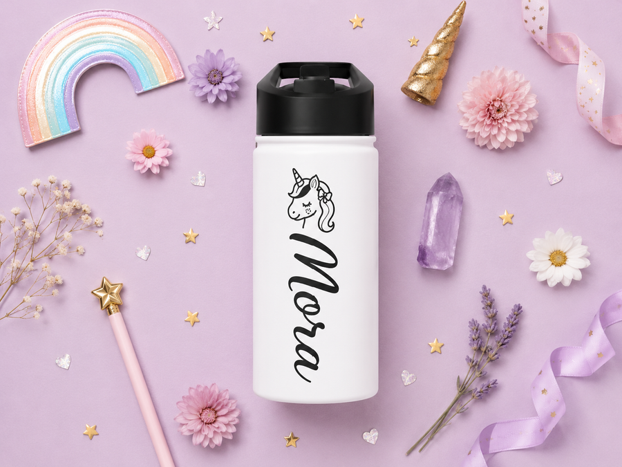 White water bottle with a black lid, printed with a line-drawn unicorn head with a flowing mane above the name Nora, both in black and reading downwards along the bottle.