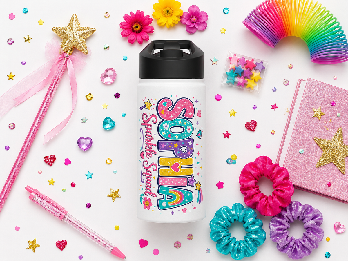 White water bottle with a black lid, printed with the name Sophia in tall rainbow bubble letters filled with hearts and stars, with the words Sparkle Squad beside it in pink script.