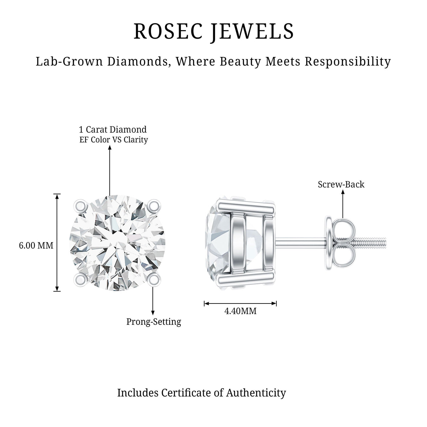 IGI Certified 2 Carat Round Lab Grown Diamond Stud Earrings with Screw Backs