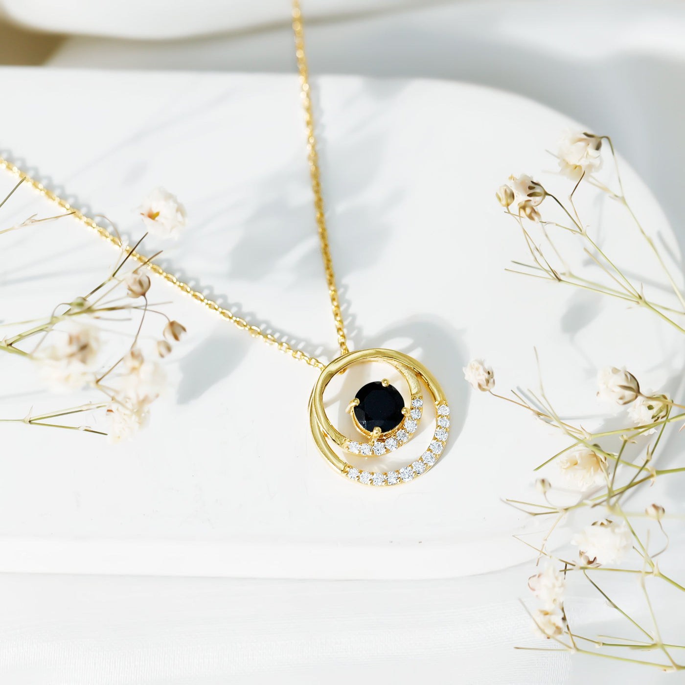 Lab Created Black and White Diamond Circle Necklace With Silver Chain