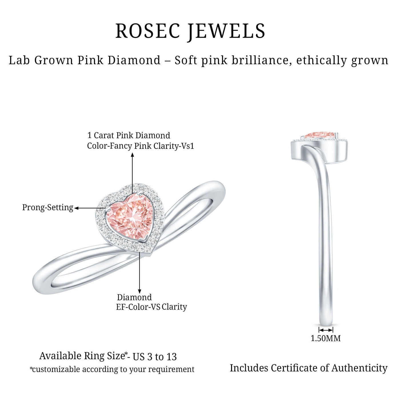 IGI Certified Lab Grown Pink Diamond Heart Promise Ring with Halo