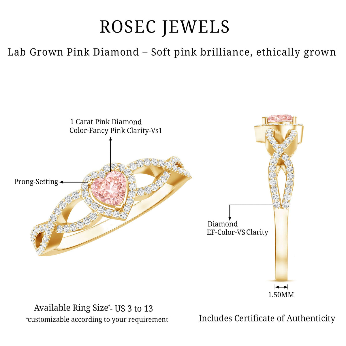 IGI Certified 1 Carat Lab Grown Pink and White Diamond Classic Engagement Ring