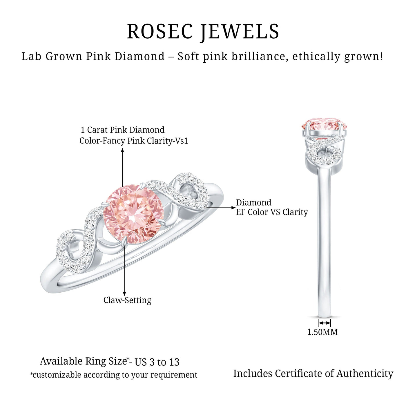 IGI Certified Lab Grown Pink Diamond Infinity Engagement Ring