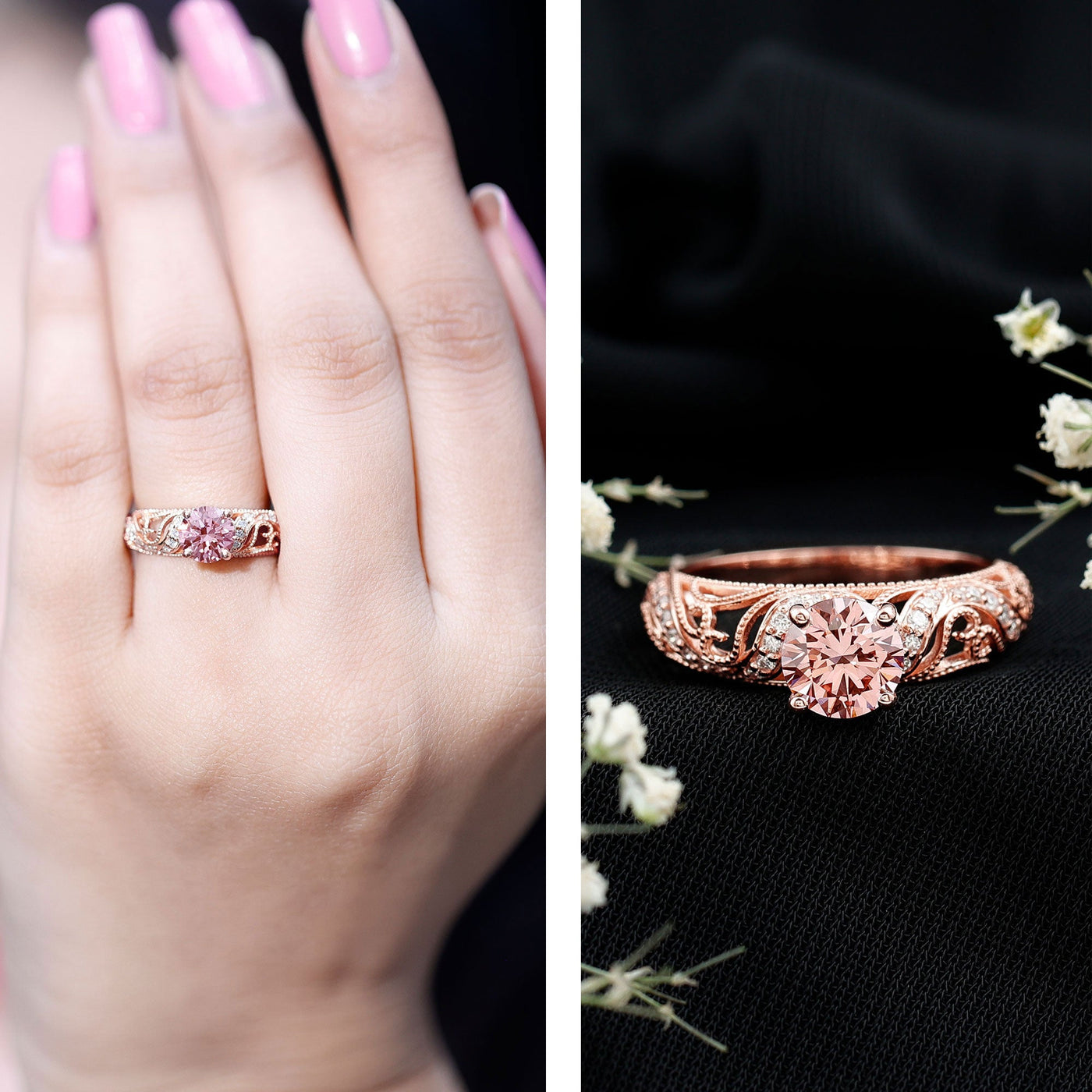 Lab Grown Pink Diamond Vintage Inspired Engagement Ring IGI Certified
