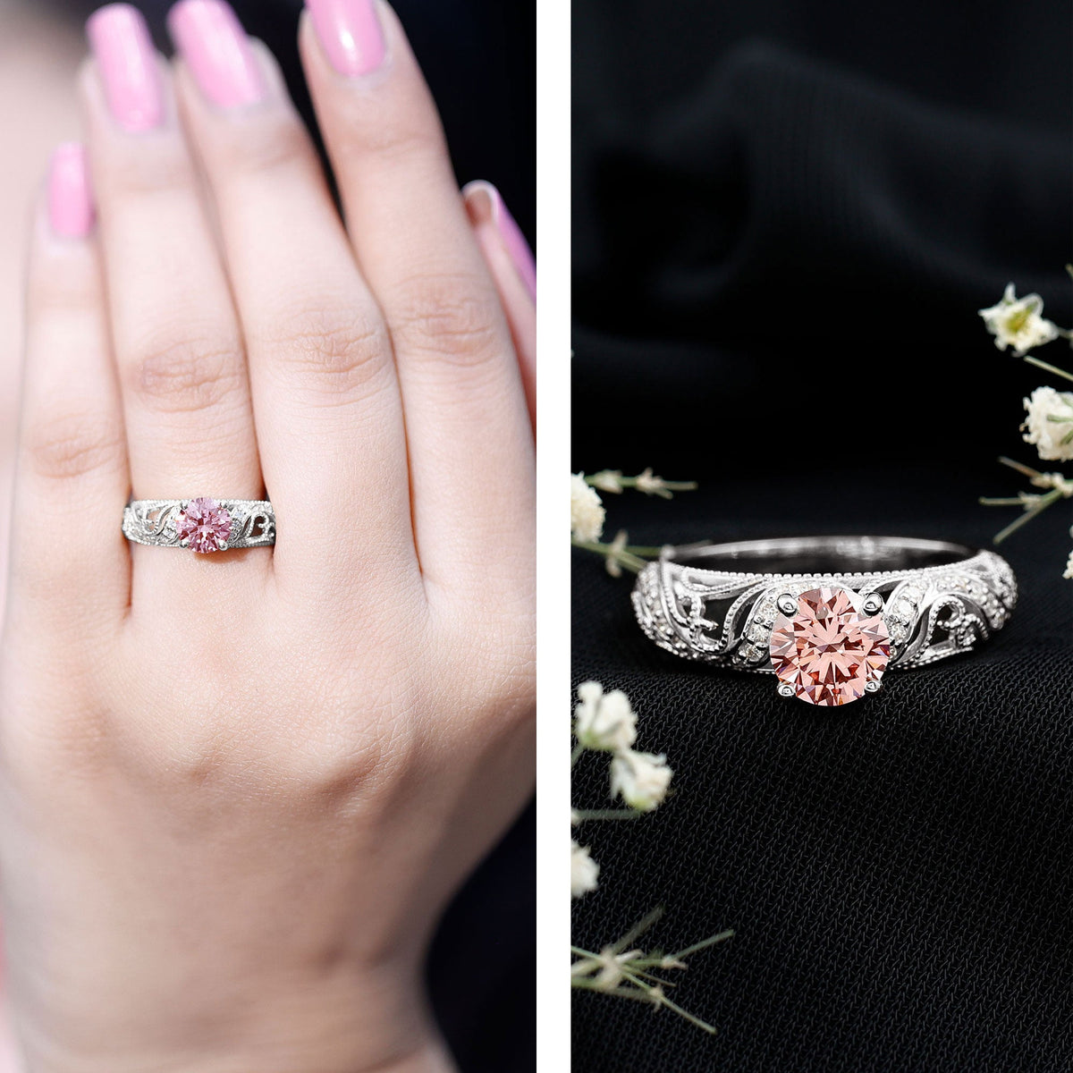 Lab Grown Pink Diamond Vintage Inspired Engagement Ring IGI Certified