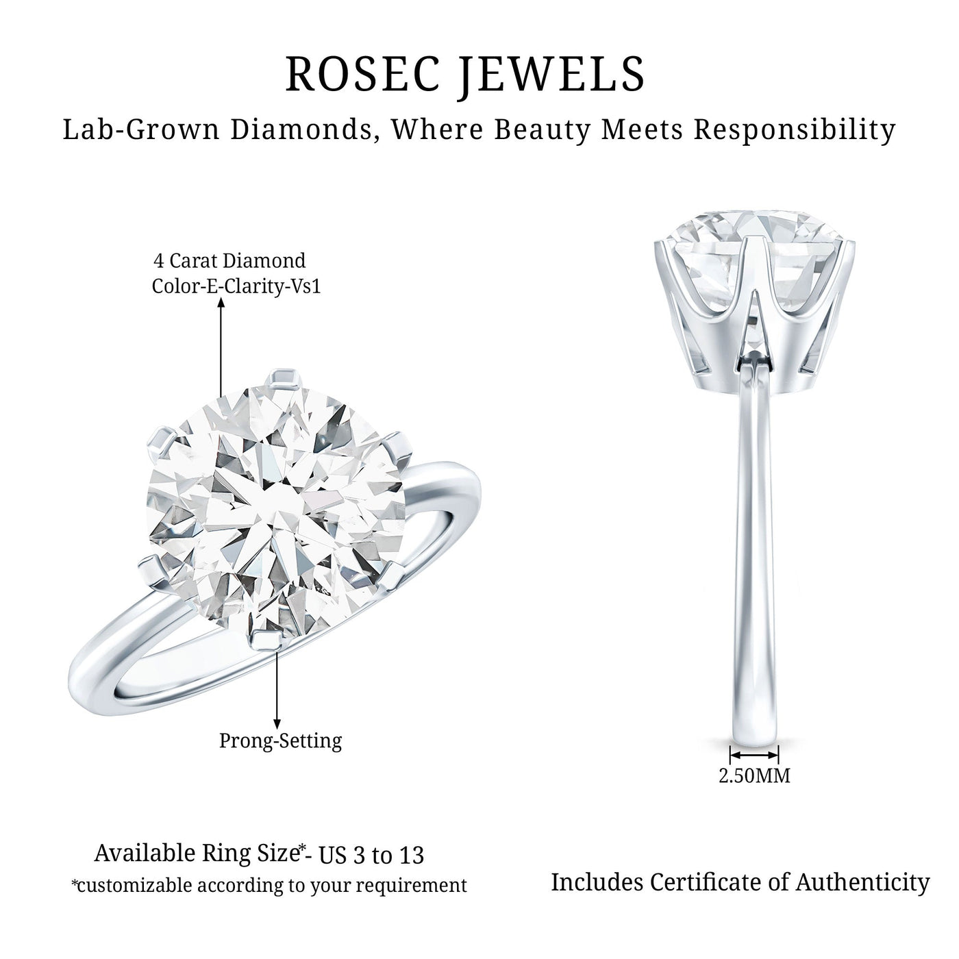 4 Carat Lab Created Diamond Solitaire Engagement Ring with IGI Certificate