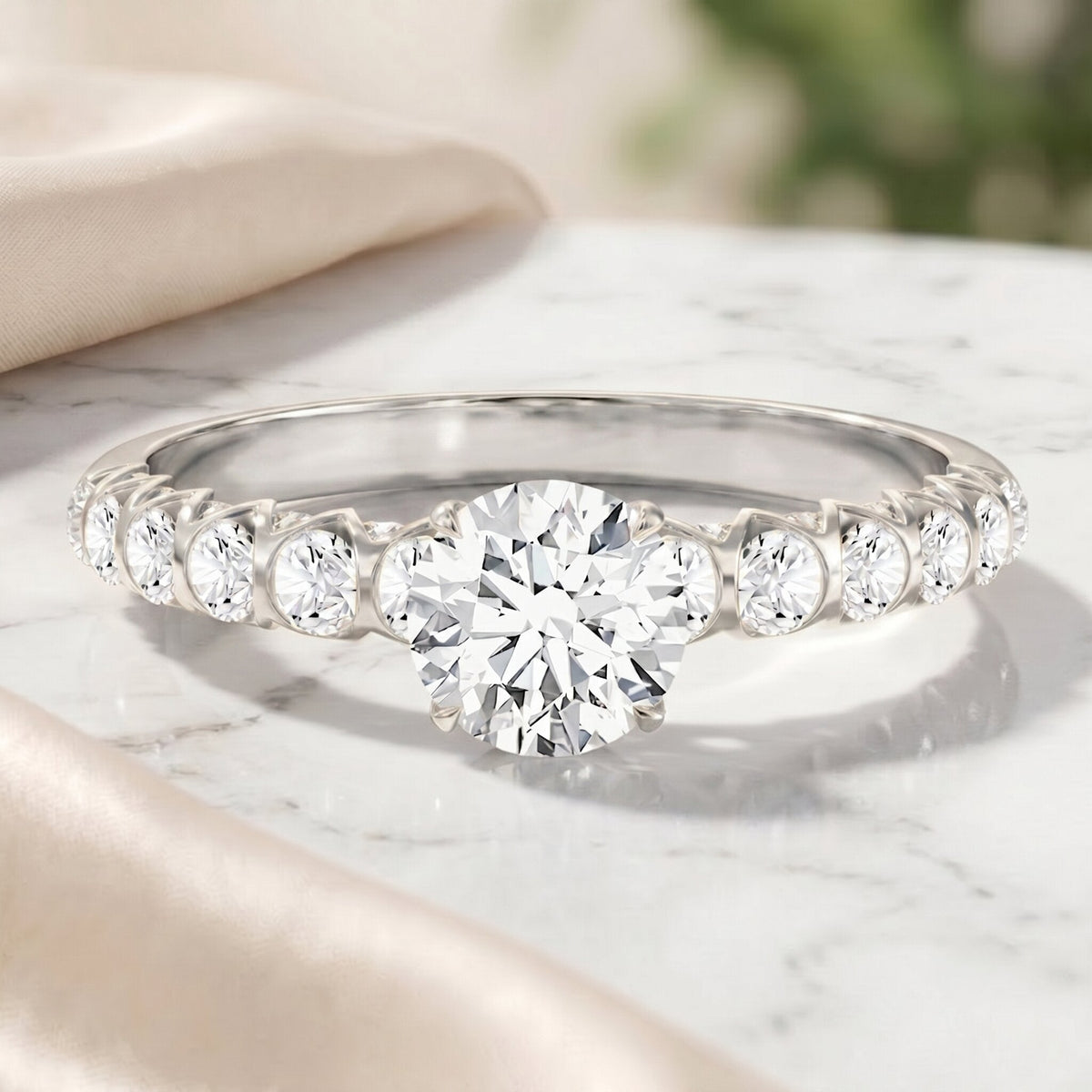IGI Certified Round Lab Grown Diamond Side Stone Engagement Ring