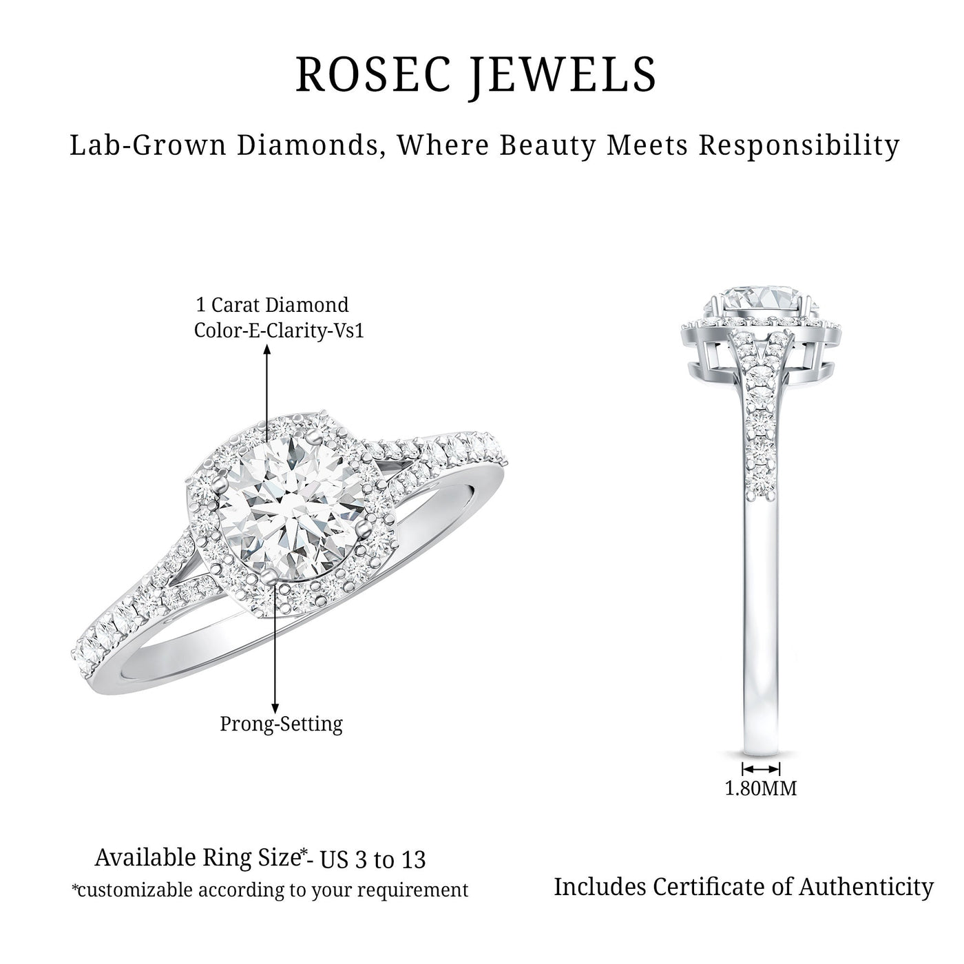 IGI Certified 1 Carat Lab Grown Diamond Halo Engagement Ring for Women