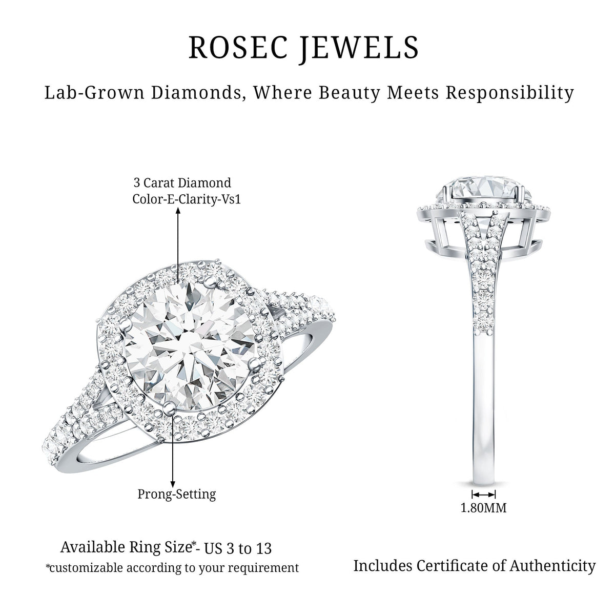 3 Carat Lab Grown Diamond Split Shank Engagement Ring with IGI Certificate