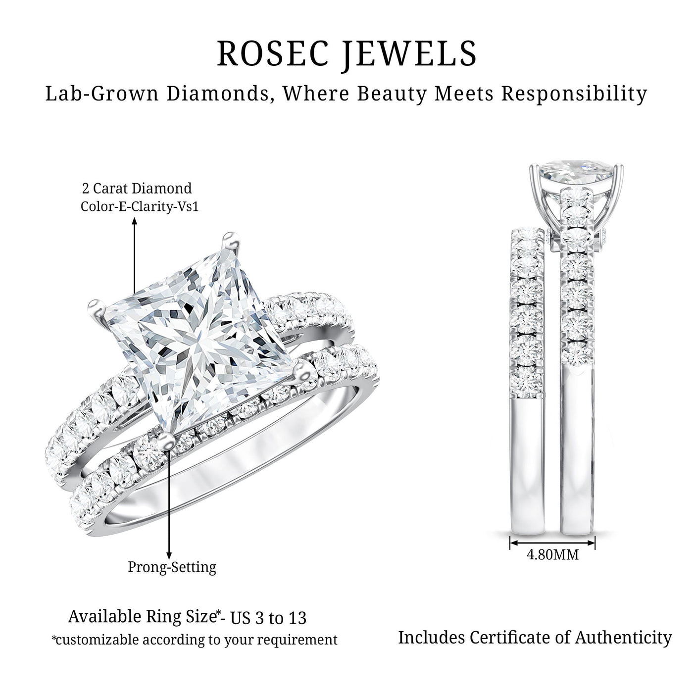 IGI Certified 2 Carat Lab Grown Diamond Princess Cut Bridal Ring Set
