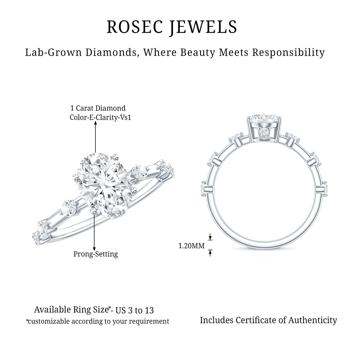 IGI Certified 1 Carat Oval Lab Grown Diamond Engagement Ring with Spaced Accent