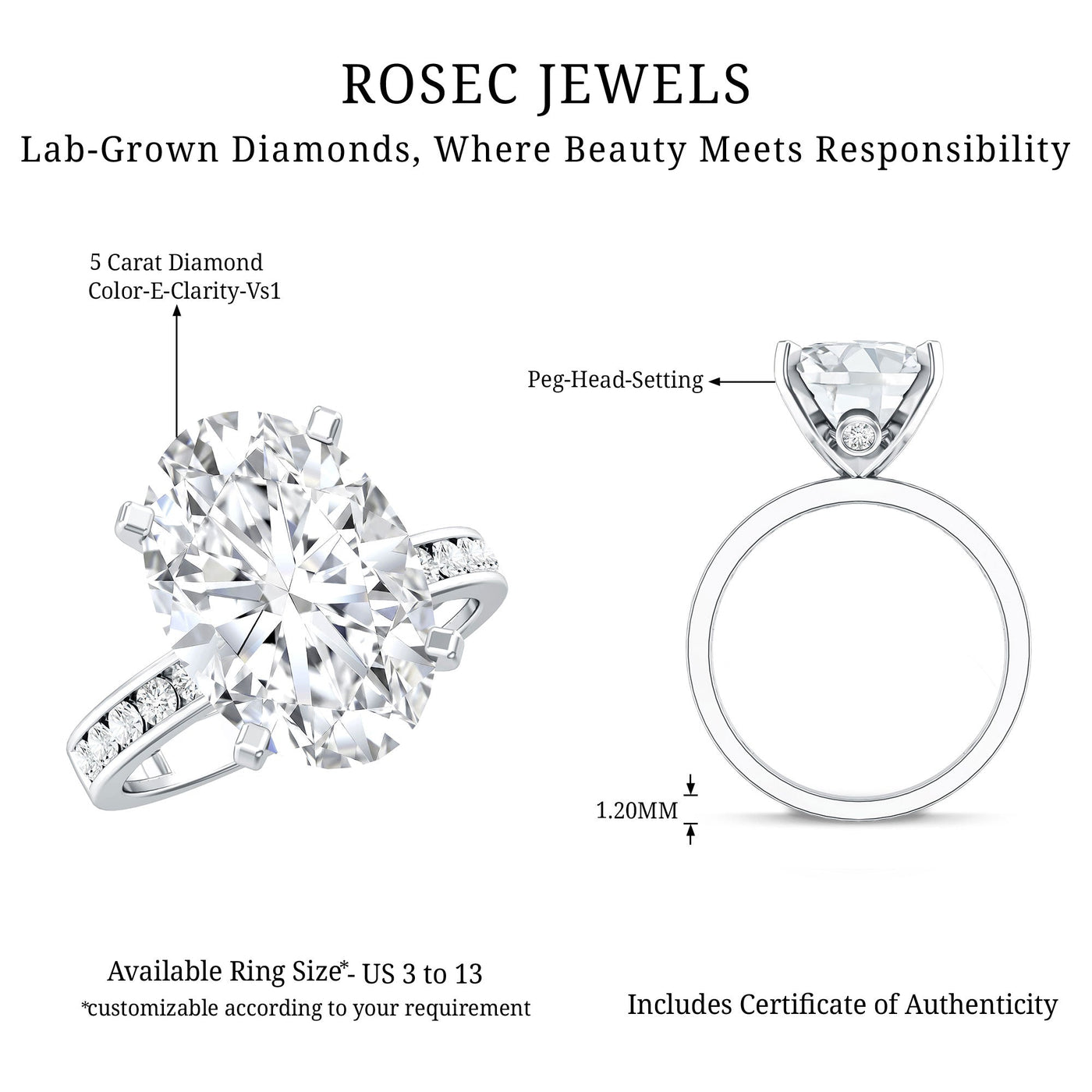 Oval Cut 5 Carat Lab Grown Diamond Big Engagement Ring with IGI Certificate