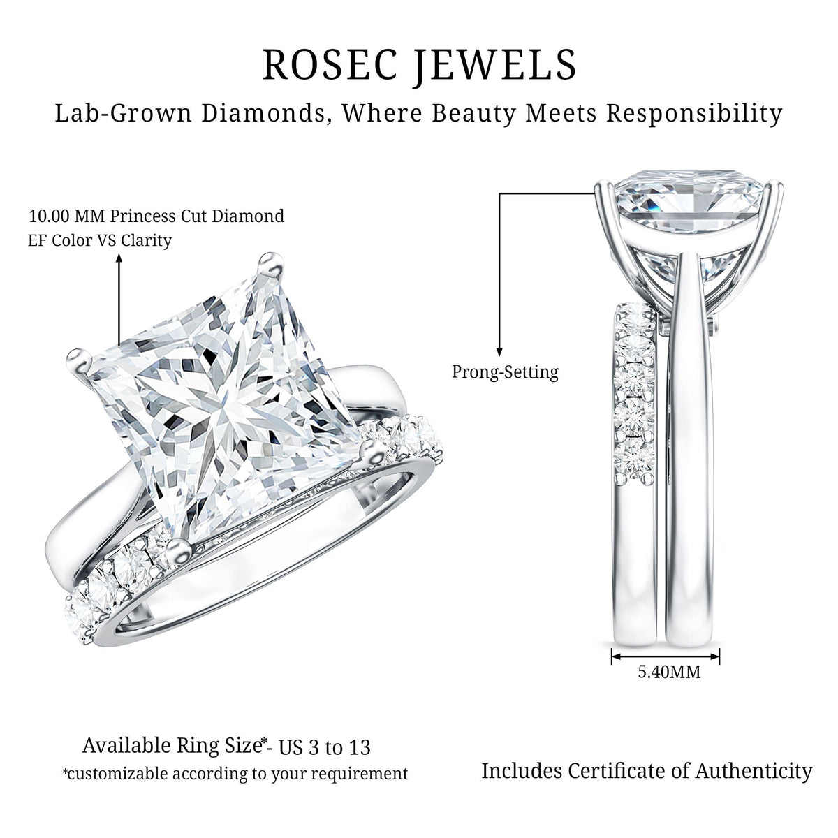 5 Carat Huge Lab Grown Diamond Princess Cut Engagement Ring Set with IGI Certificate