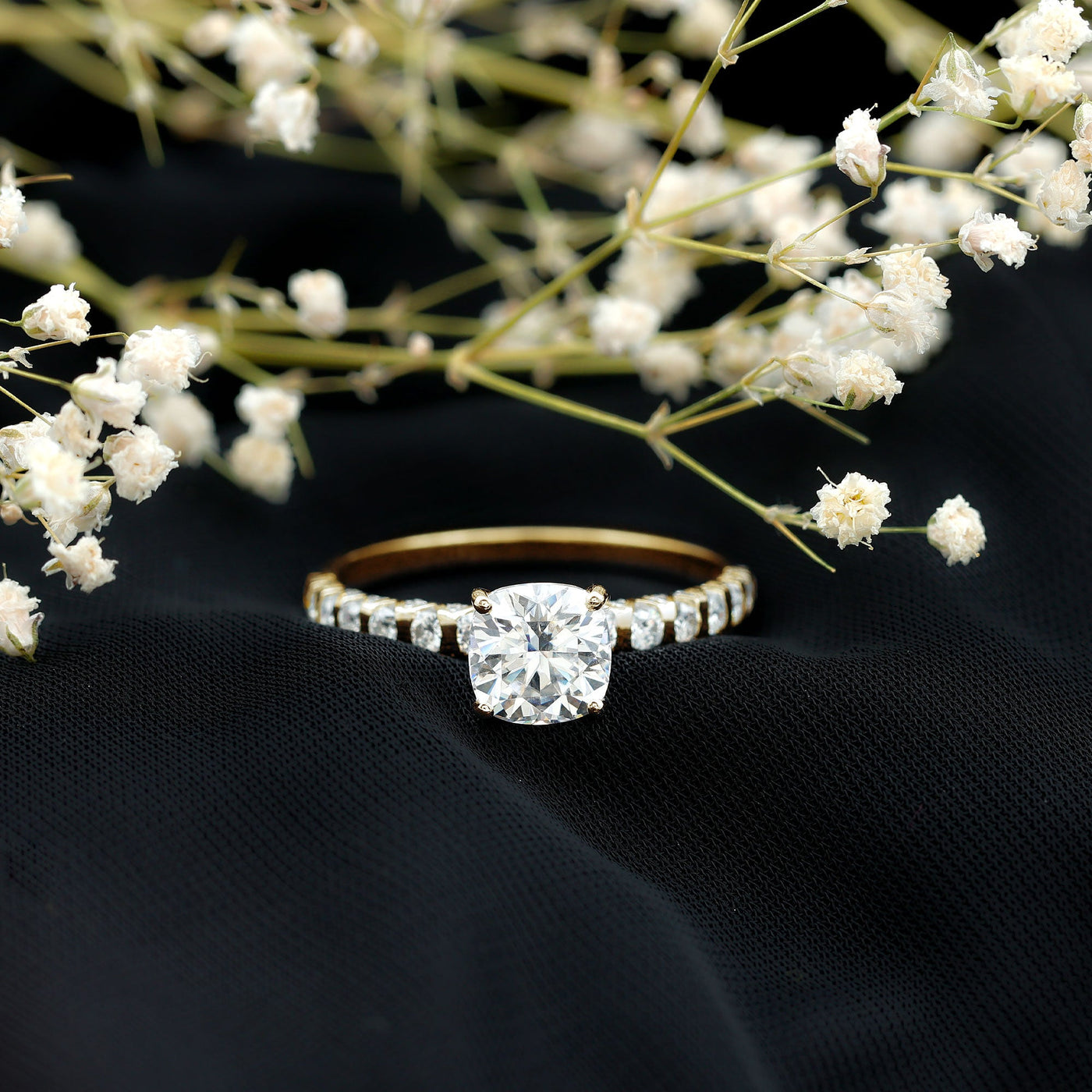 3 Carat IGI Certified Lab Grown Diamond Cushion Cut Engagement Ring with Side Stones