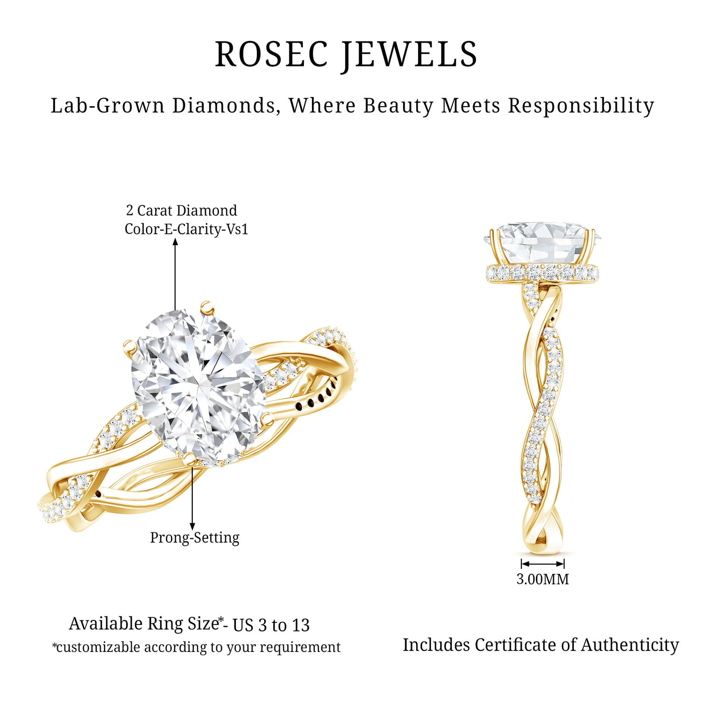 IGI Certified 2 Carat Lab Grown Diamond Oval Hidden Halo Engagement Ring with Braided Band