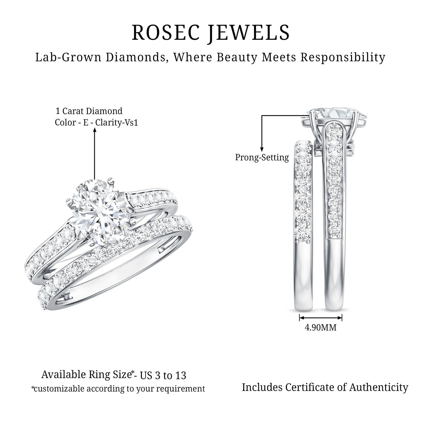 Oval Shaped 1 Carat Lab Grown Diamond Bridal Ring Set with IGI Certificate