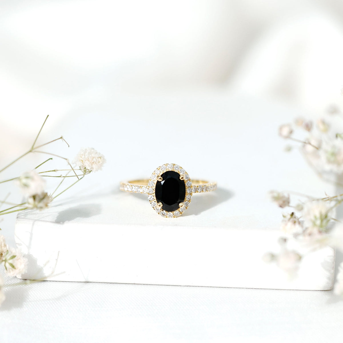 1 Carat Oval Black Onyx and Diamond Halo Engagement Ring
