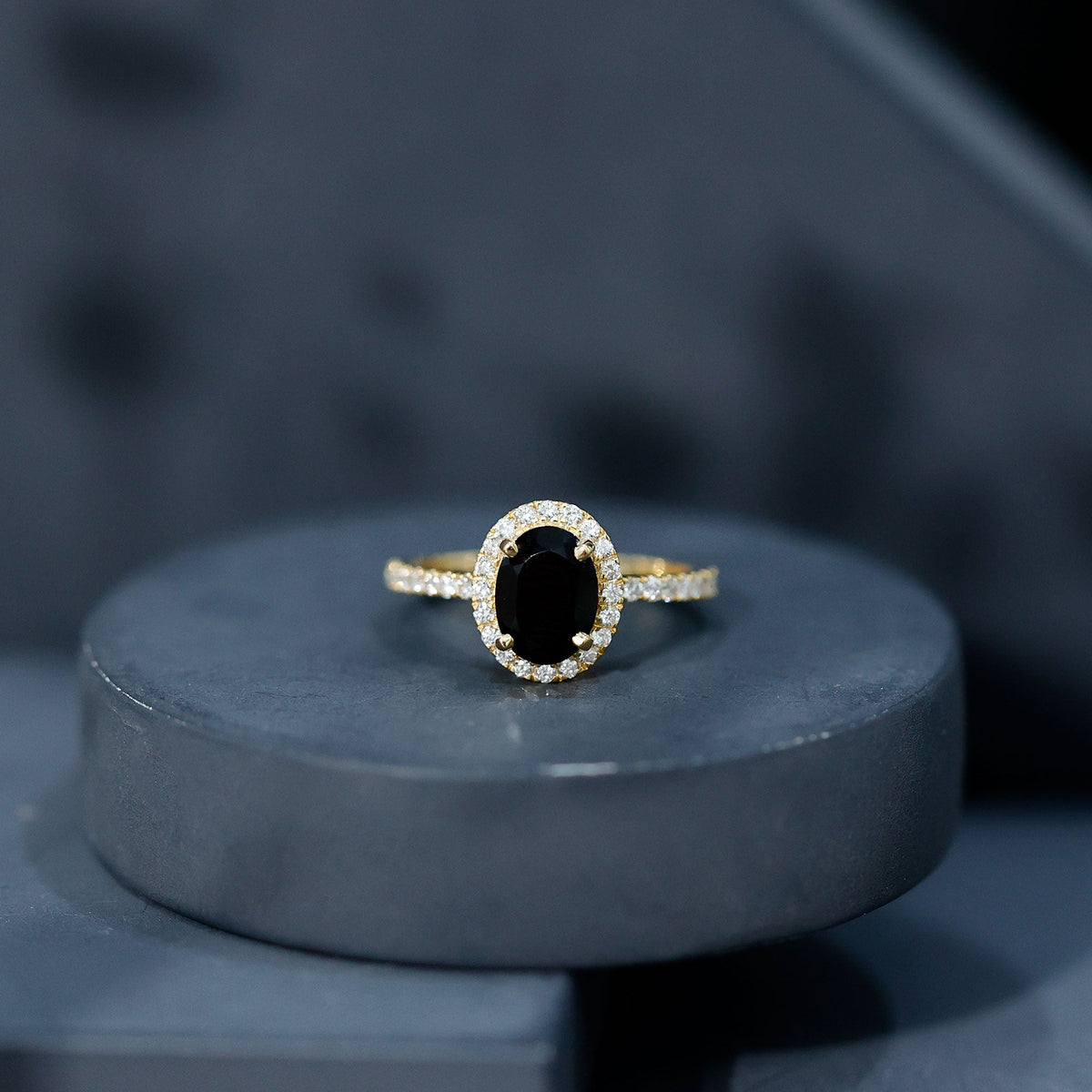 1 Carat Oval Black Onyx and Diamond Halo Engagement Ring