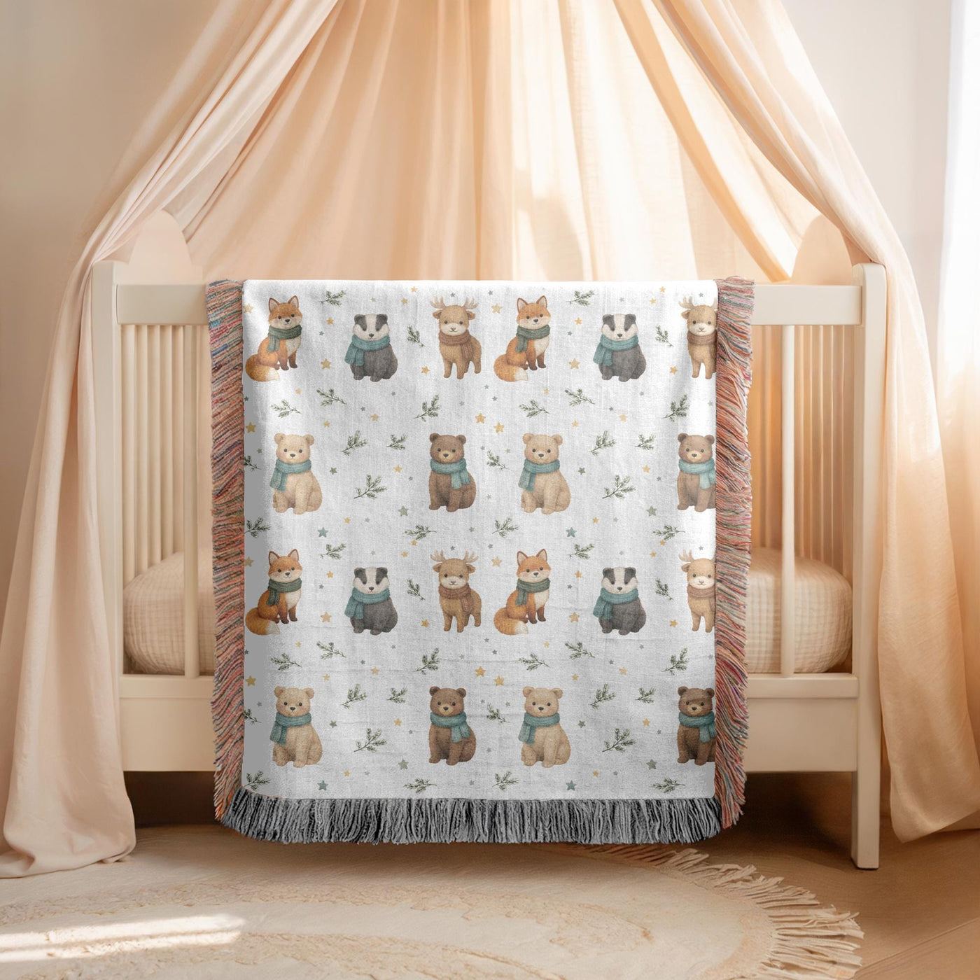 Woodland Animal Nursery Woven Blanket Bear Fox Deer Baby Blanket Forest Animal Throw Baby Shower Gift Kids Room Decor