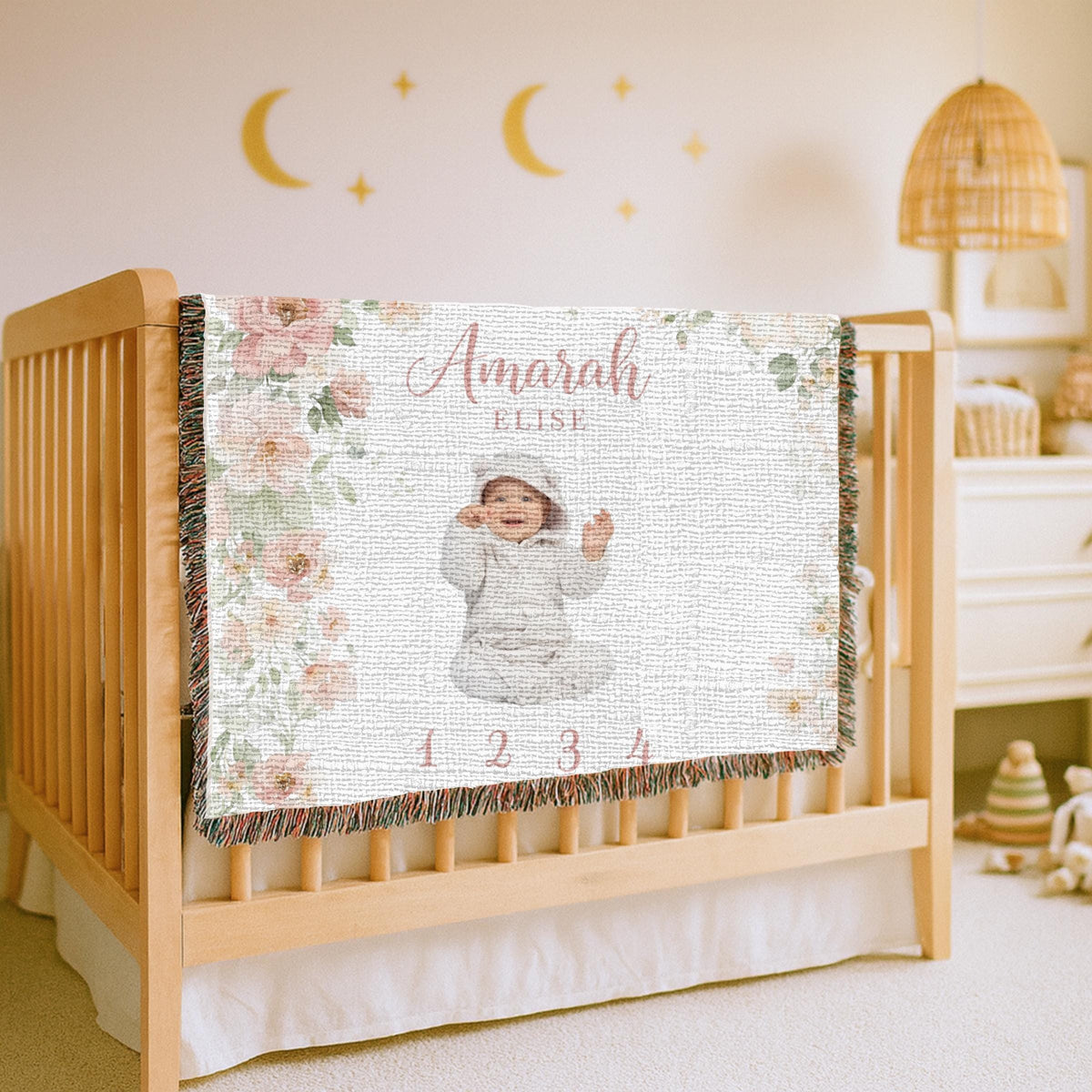 Personalized Baby Milestone Woven Blanket Floral Baby Blanket Monthly Photo Blanket Baby Shower Gift Nursery Decor