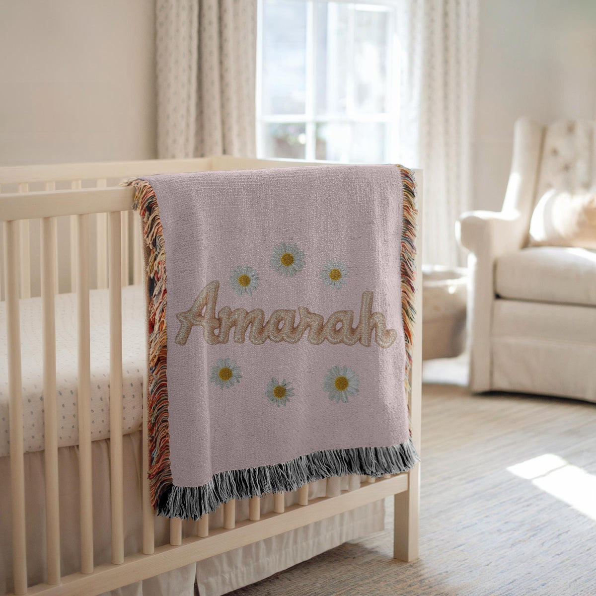 Personalized Name Woven Blanket Daisy Floral Blanket Custom Baby Blanket Nursery Decor Baby Shower Gift