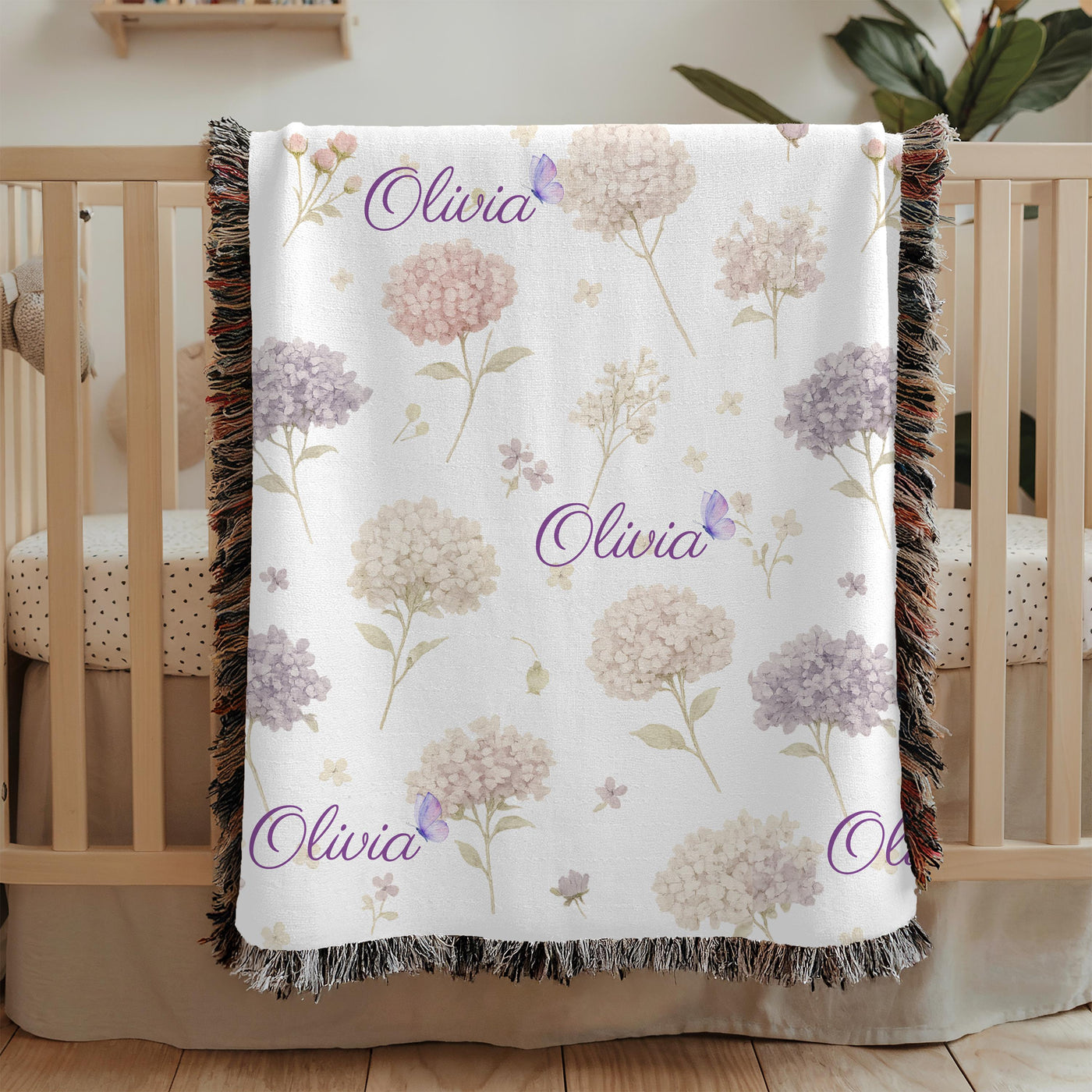 Personalized Hydrangea Floral Woven Blanket Custom Name Baby Blanket Nursery Decor Girl Baby Shower Gift Butterfly Floral Throw