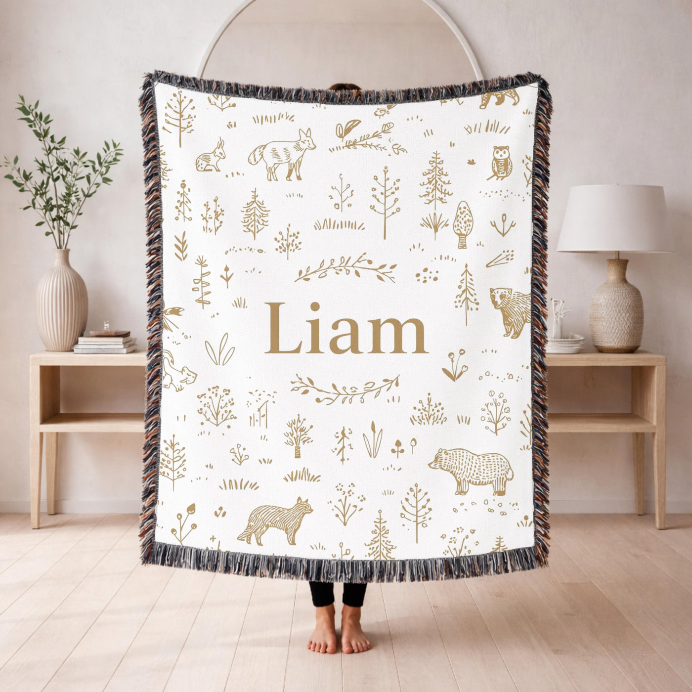 Personalized Woodland Name Woven Blanket Custom Baby Blanket Forest Animal Nursery Decor Baby Shower Gift