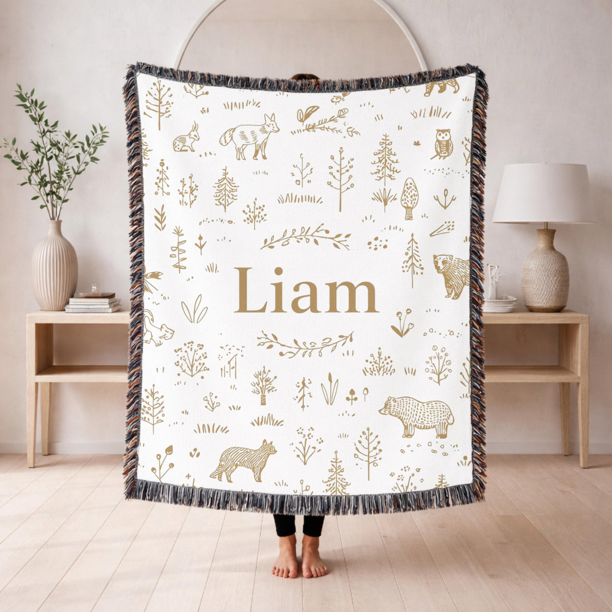 Personalized Woodland Name Woven Blanket Custom Baby Blanket Forest Animal Nursery Decor Baby Shower Gift
