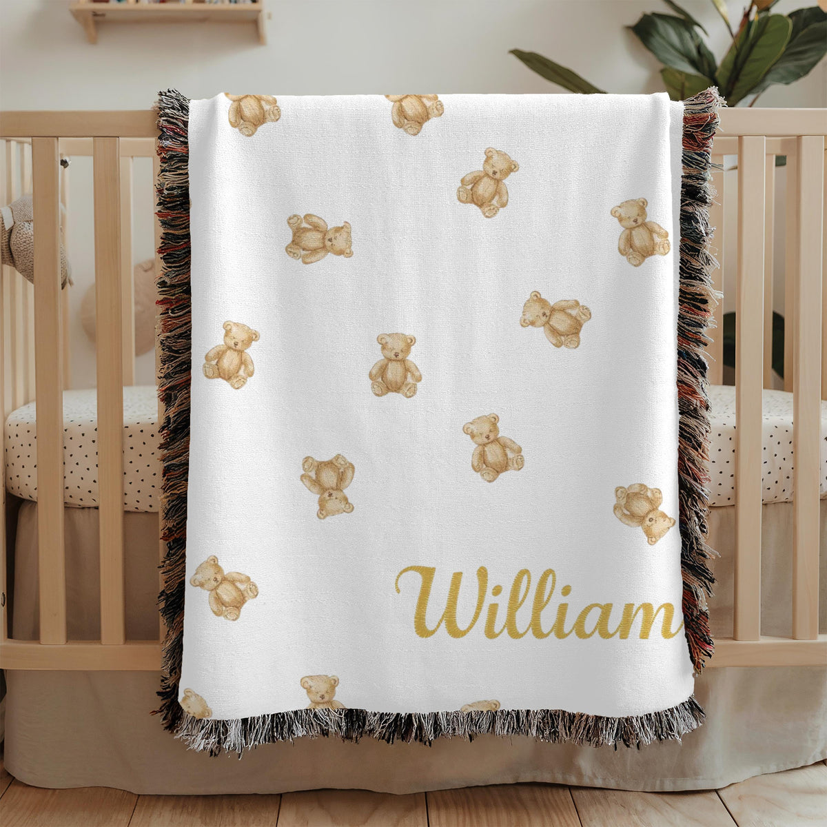 Custom Teddy Bear Woven Blanket Personalized Baby Blanket Nursery Decor Keepsake Gift Baby Shower Gift Name Blanket